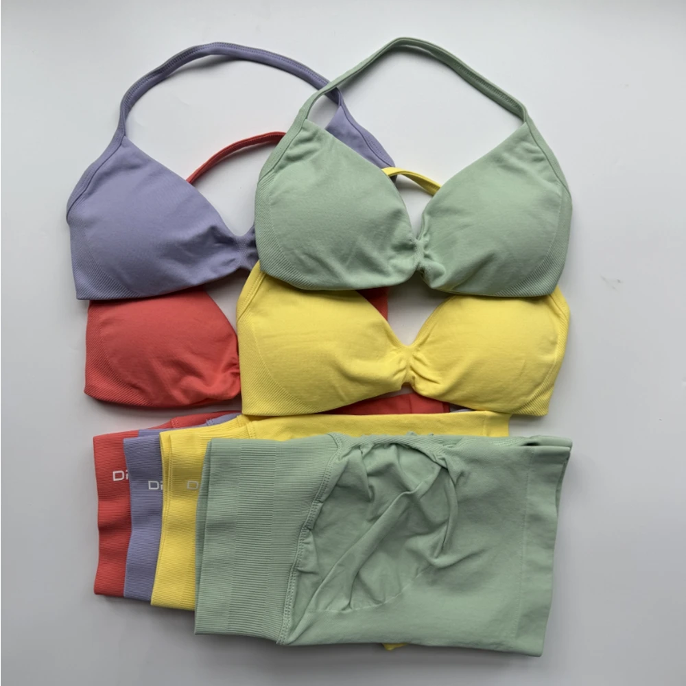 DF Logo Impact Gym Set 2 Piece Women Strappy Yoga Bra Top Workout Scrunch Shorts Sport Suit Fitness Clothes Seamless Yoga Set