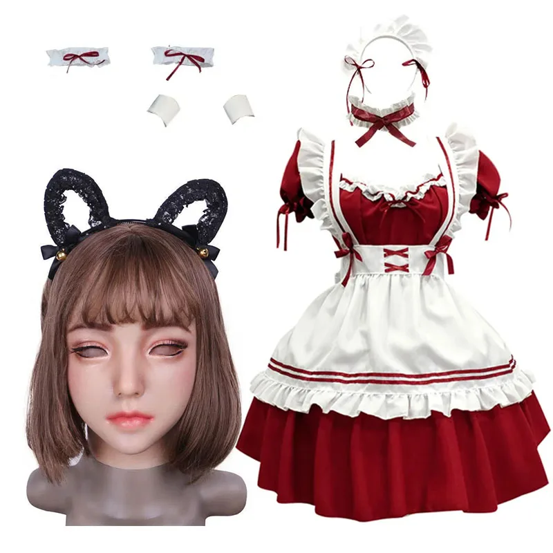 

Sexy Maid Uniform Set Cos Silicone Head Cover Makeup Crossdresser Cosplay MTF Male To Female Realistic Silicone Headgear