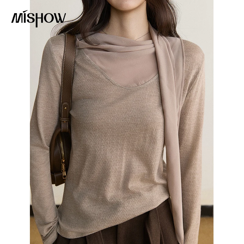 MISHOW Women's Knit Long Sleeve Tops 2026 Fall Integrated Ribbon Luxury Layering Sweater Daily Commuter Cozy Clothing MXF47T3360