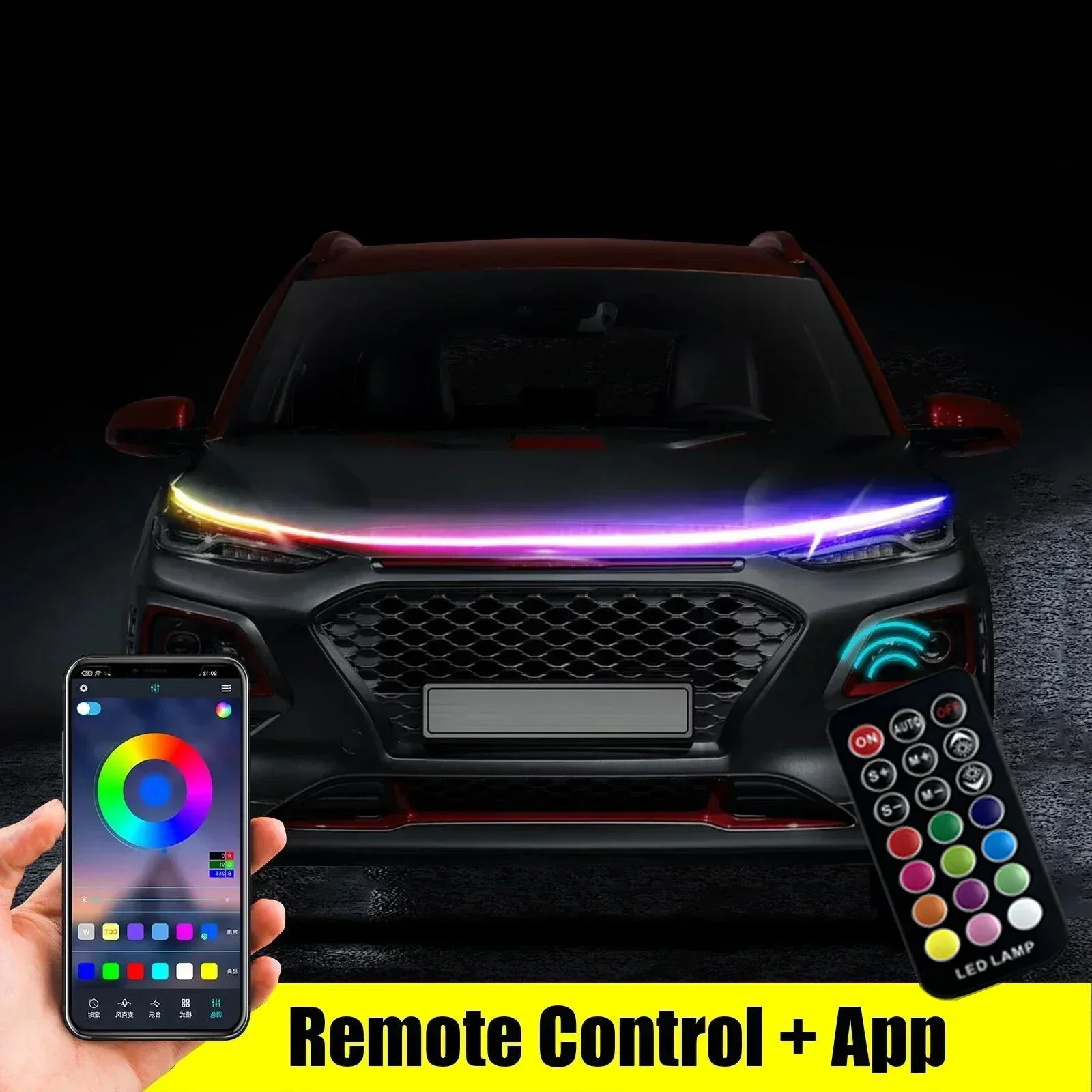1.8 متر 12 فولت LED النهار تشغيل أضواء Drl سيارة مصباح ليد شرائط APP التحكم RGB الملونة سيارات هود ضوء الديناميكي بدوره مصباح إشارة