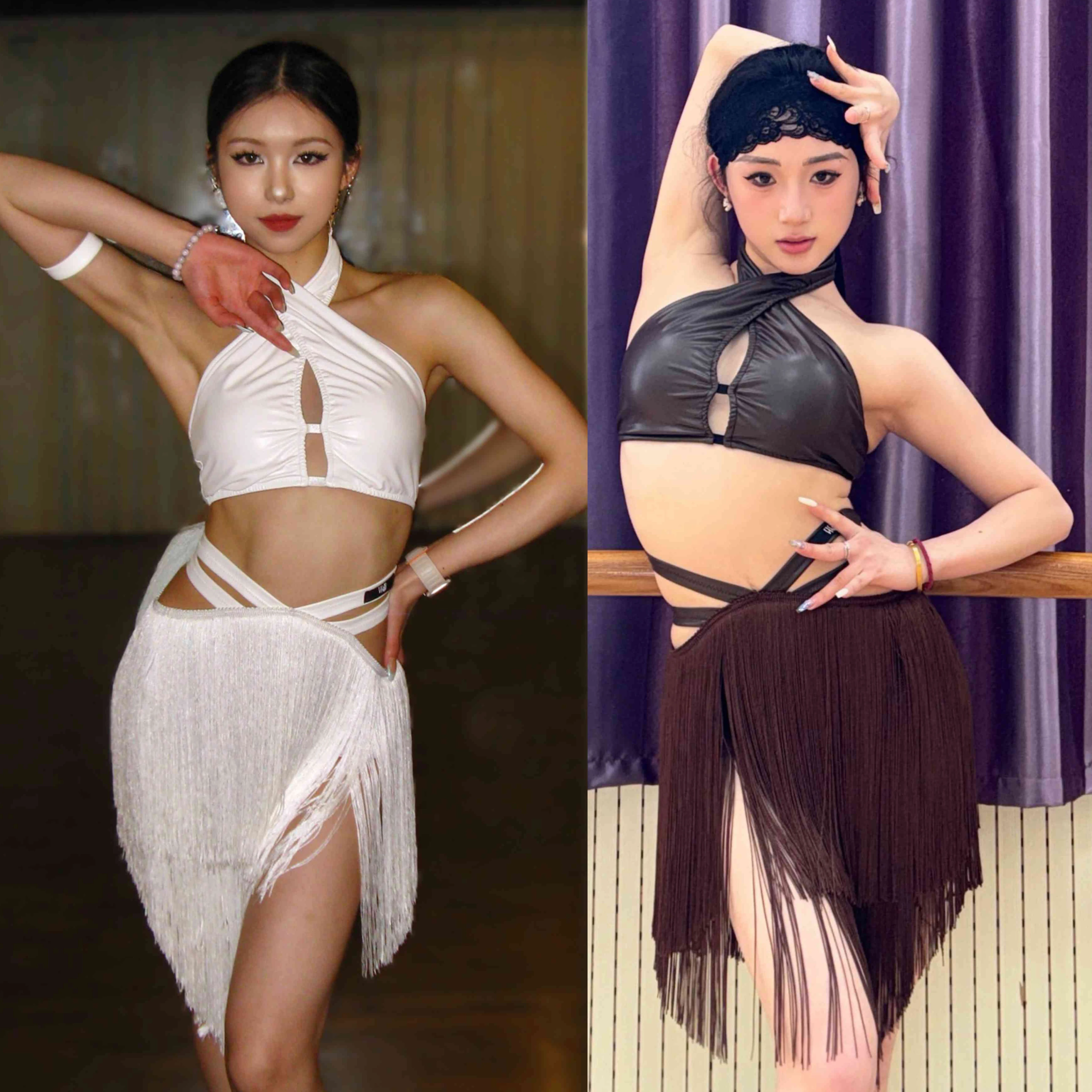 

Одежда для латиноамериканских танцев для взрослых: кожаный топ с завязками на шее, юбка с бахромой, костюм для выступлений и тренировок DNV24487