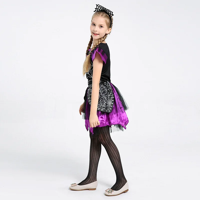 Girls Halloween Spider Witch Cosplay Dress Purple Black Sweet Short Sleeve Spider Web Party Dresses view 2