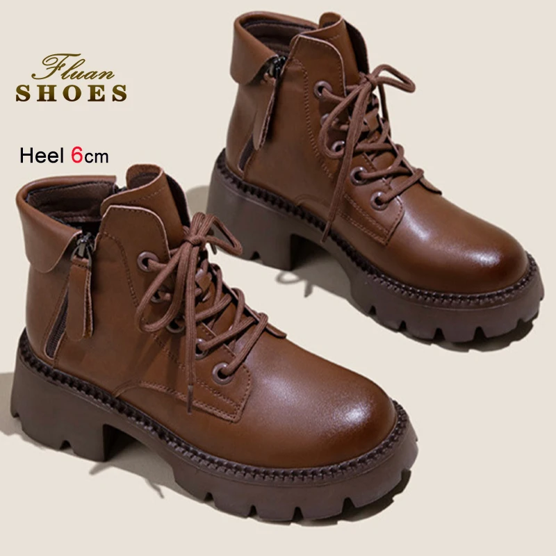 2025 شتاء جديد براون المرأة حذاء من الجلد النمط البريطاني الدانتيل يصل الأحذية جلد طبيعي السيدات أحذية بوت قصيرة الجانب سستة حذاء كاجوال