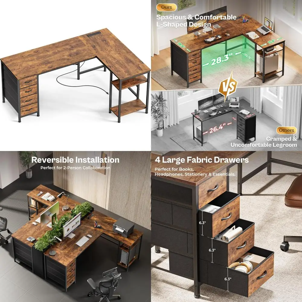 

55 Inch Large L-Shaped Fabric Drawer Gaming Desk with Reversible Surface, Power Outlets, and USB-C Port