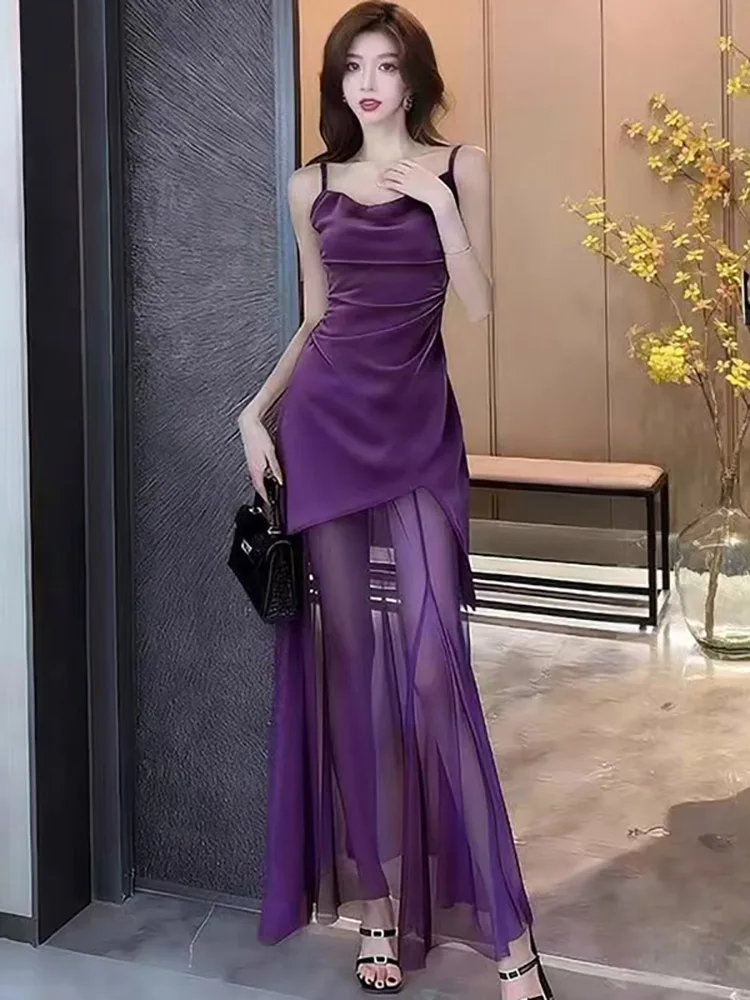 المرأة الأرجواني المخملية المرقعة شبكة شير مثير فستان طويل الخريف أنيقة شيك فستان بكتافة 2025 الكورية خمر فستان سهرة فاخر