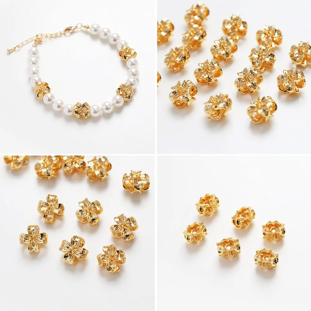 6PCS 14k Gold Plated Flower Beads Spacer Bead Jewelry Making Bracelet Supplies Diy Hand Made Brass Accessories 9.4*8mm