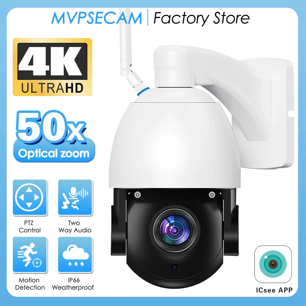 4K 8MP 50X Zoom PTZ IP Camera WiFi CCTV Outdoor AI Human Alarm Onvif Speed Dome Cam 200M IR Night Distance Camera iCSee APP