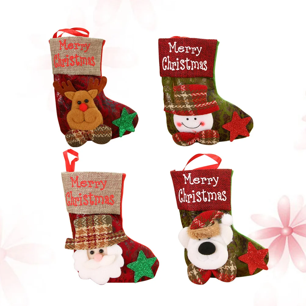 

4pcs Christmas Socks Xmas Stockings For Tree Fireplace Wall Door Decor Holiday Party Gift Hanging Ornament Home Office