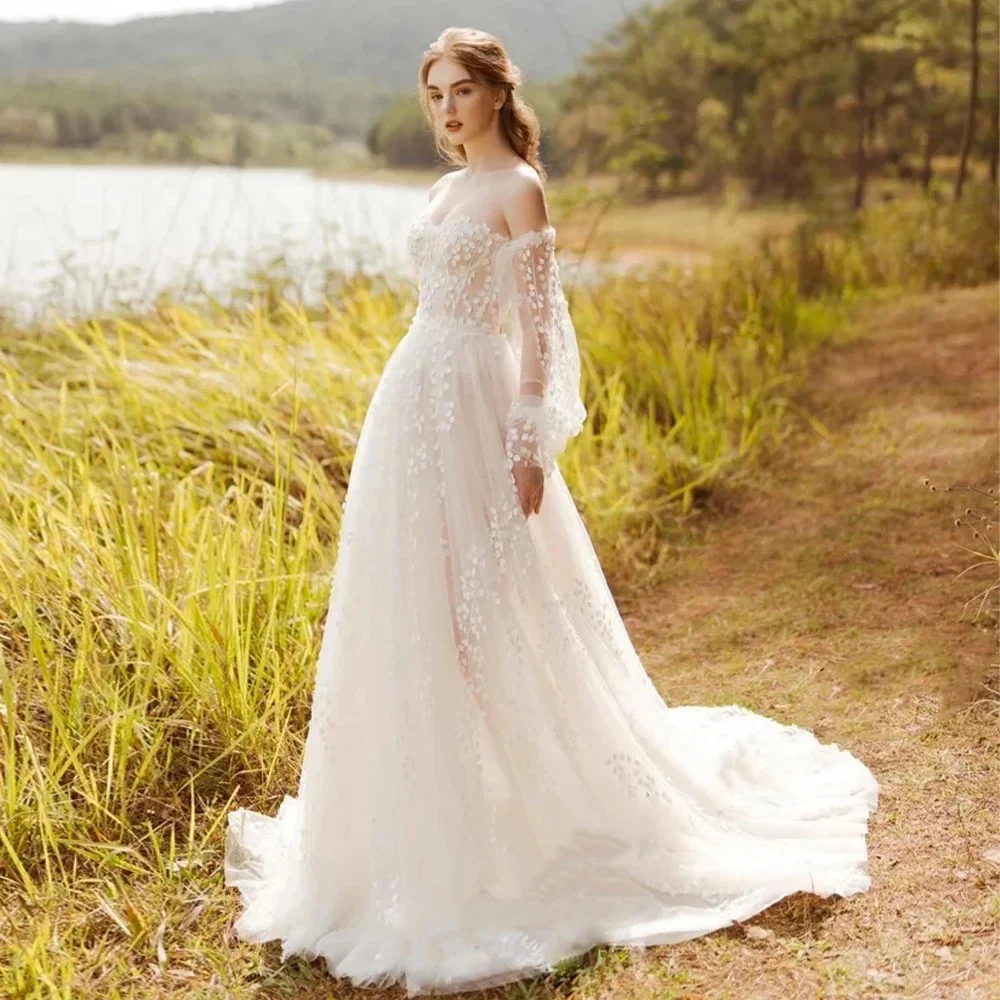 Customized Boho Wedding Dresses A-Line Princess Bridal Gowns Flower Appliques Off Shoulder Robes Women Pretty Vestidos De Novia