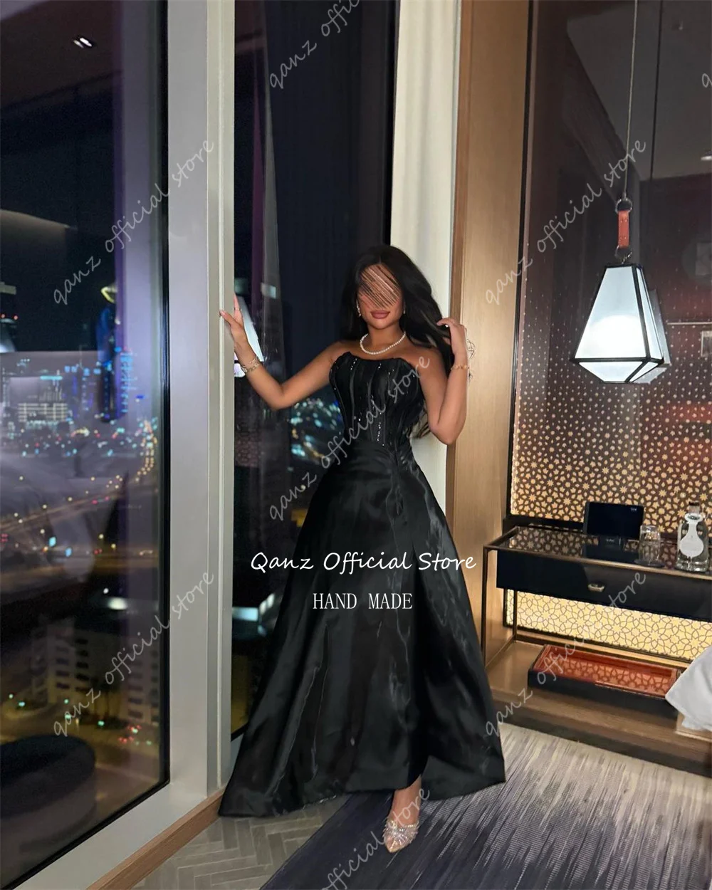 Qanz Saudi Arabia Black Evening Dresses Mermaid Strapless Beadings Formal Occasion Dress for Women Corset Party Gowns Customized