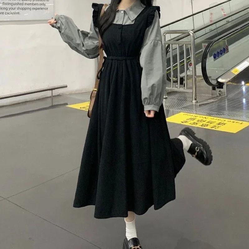 

Pop Fake Two-piece Long-sleeved Dress Female Autumn 2025 New Japanese Retro Plus Size Loose Slim Waist Long Skirt. Vintage Dress