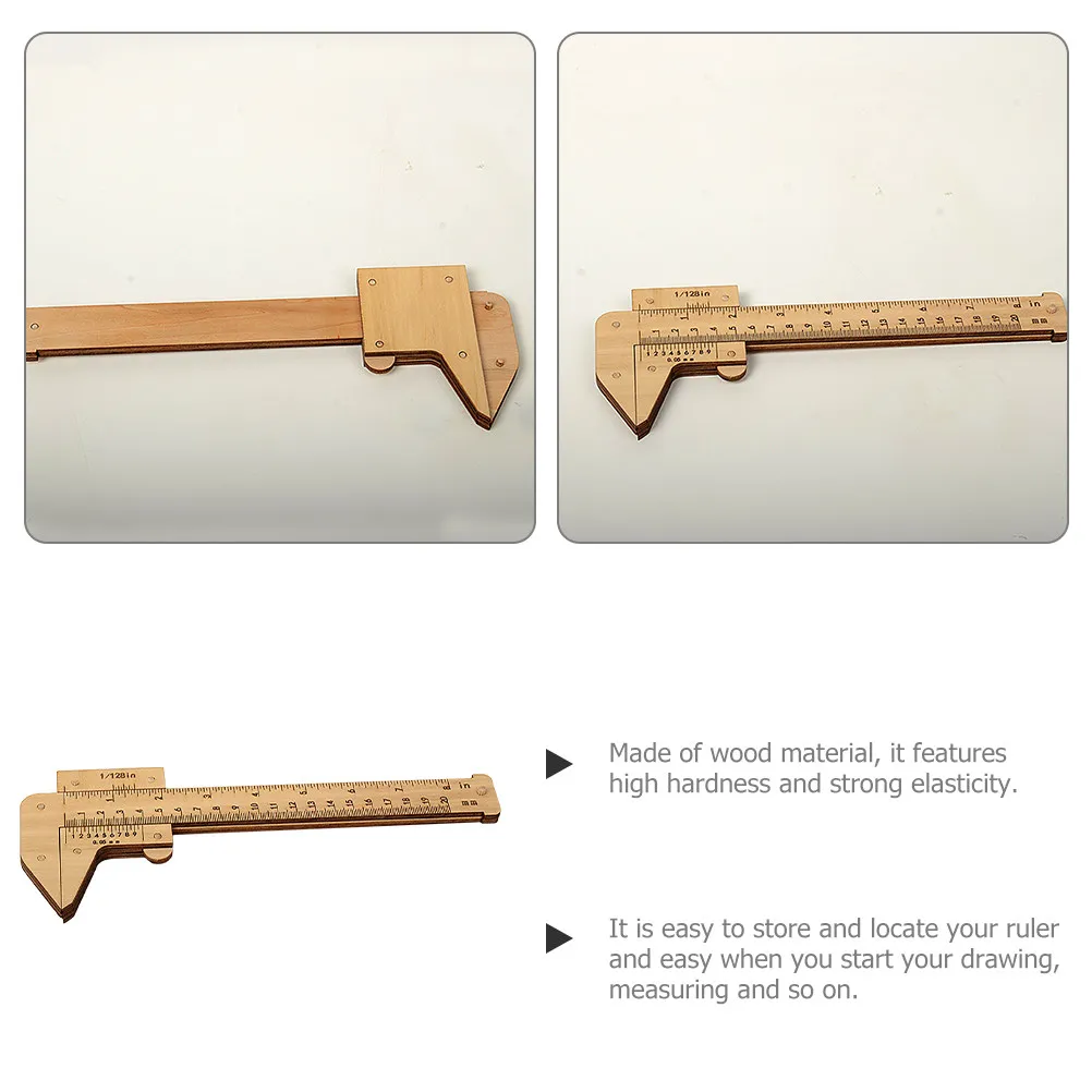 Wooden Vernier Caliper Measuring Ruler with Clear Inch Mm Scale High Hardness Elasticity Easy Grip for Learning Drawing Office