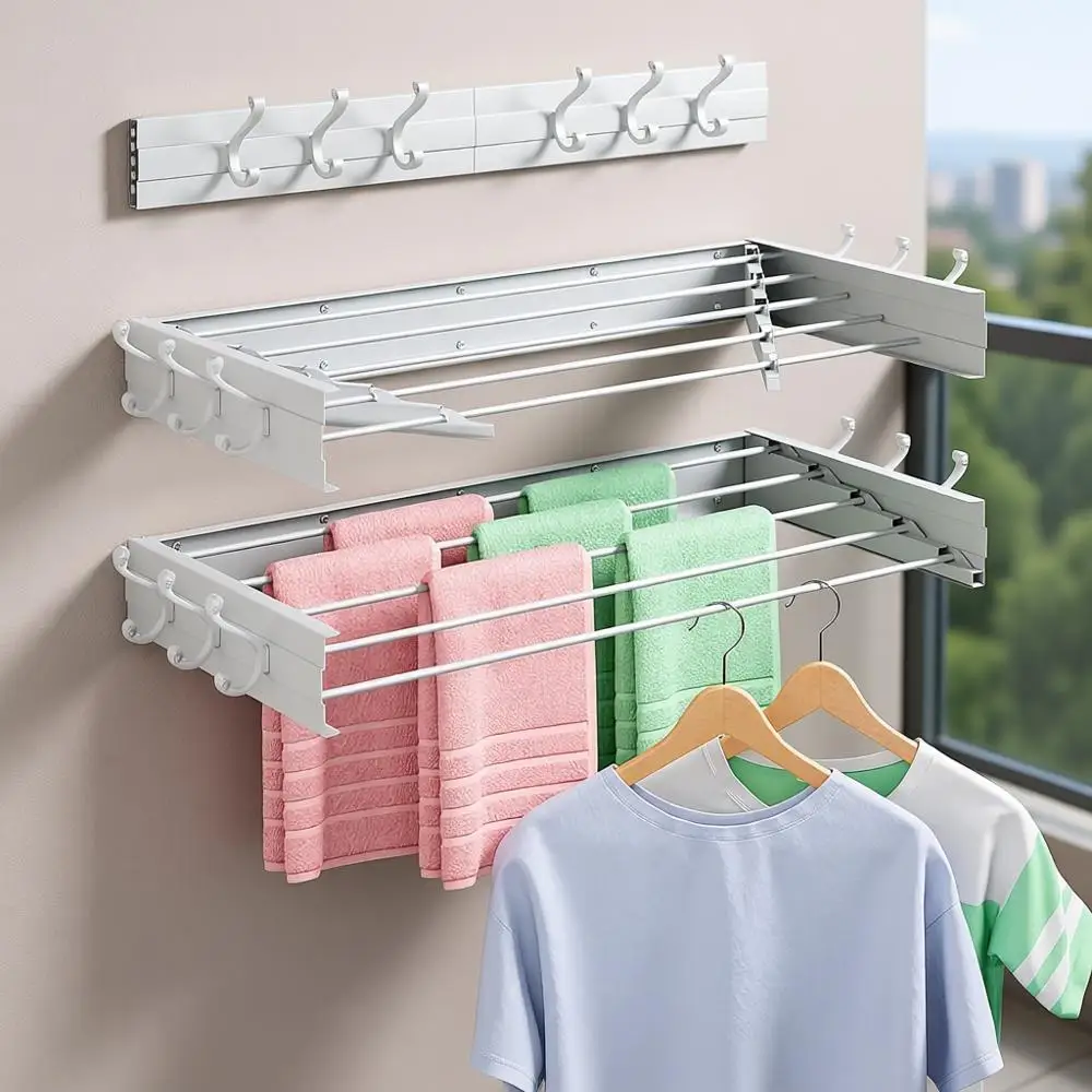 

Space-Saving 31.5 Wall-Mounted Clothes Drying Rack with 6 Hooks and 5 Rods for Indoor/Outdoor Use