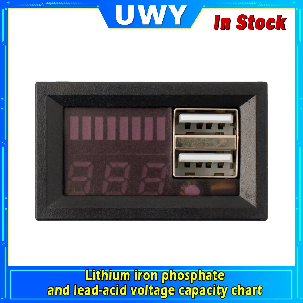 Dual USB Battery Voltage Capacity Indicator Meter Support Lithium Iron Phosphate Lead-Acid Battery Digital Voltmeter LED Display