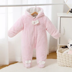 Honeyzone Baby Winter Clothing Newborn Birthday Gift Pink Fleece Plush Hooded Snowsuit Warm Cotton Playsuit