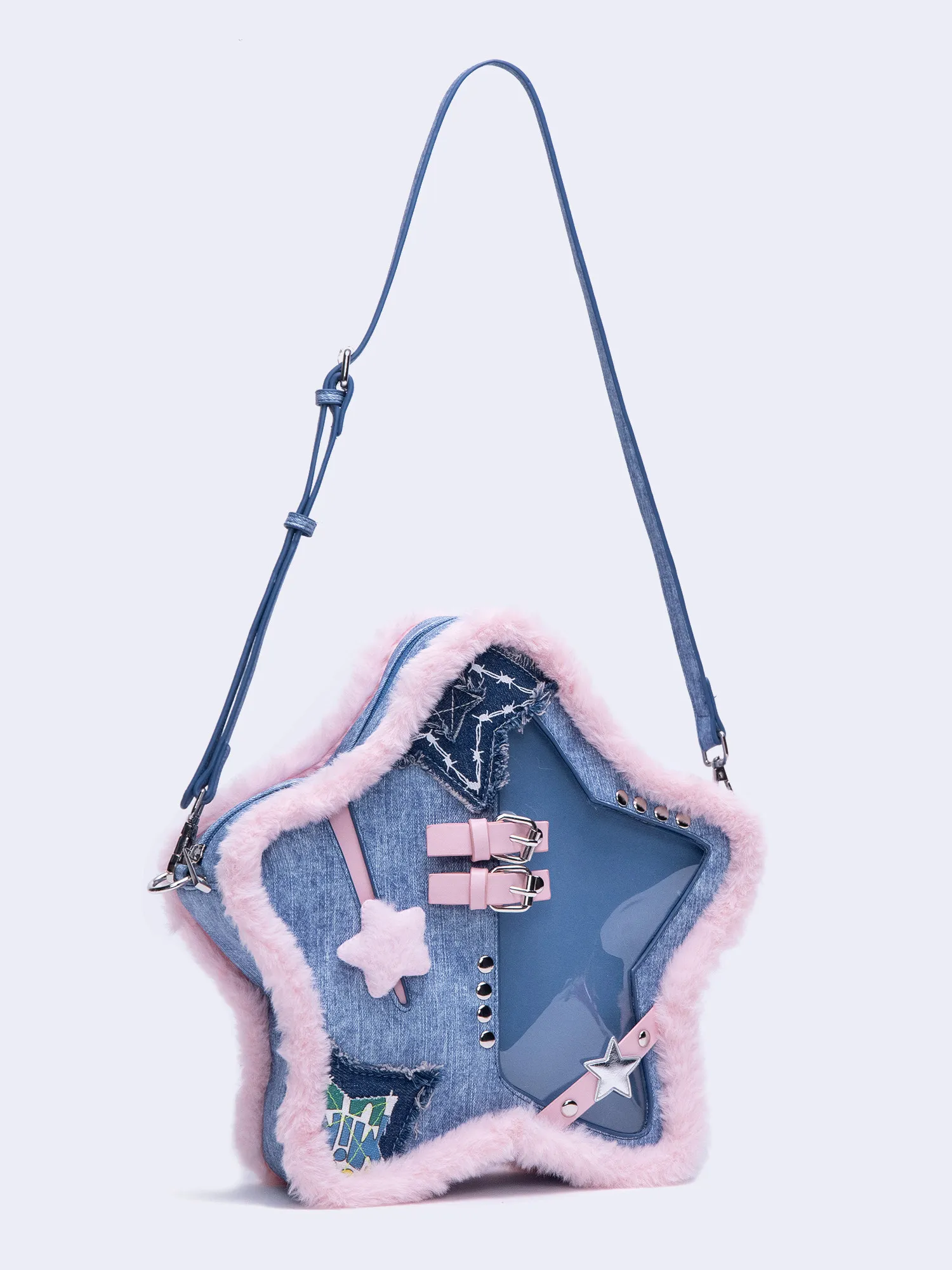Original Denim Blue Pink Contrasting Color Pentagram Ltabag Rough Edge Leather Buckle Rivet Double Shoulder Messenger Bag Female