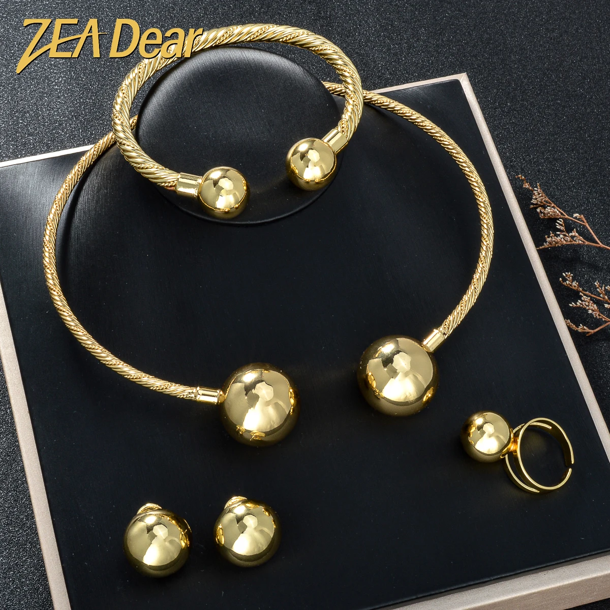 ZEADear 18k Gold Plated Jewelry Sets Big Bead Ring Fashion Earring Unclosed Round Choker Necklace Hiphop Bracelet Christmas Gift