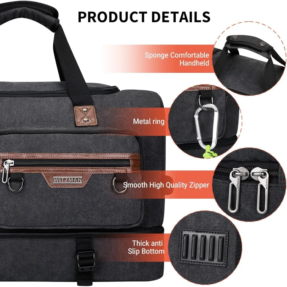 حقيبة قماشية لعطلة نهاية الأسبوع للرجال - حقيبة حمل للسفر بين عشية وضحاها مع حجرة للأحذية، باللون الأسود #6