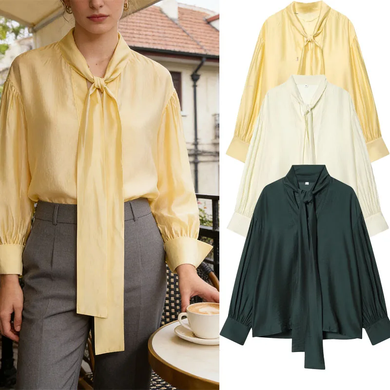 

2026 Spring New Fashion V-Neck Shiny Shirt - Yellow Elegant and Chic Bow Satin Shirt Suitable for Fashionable Commuting Wear