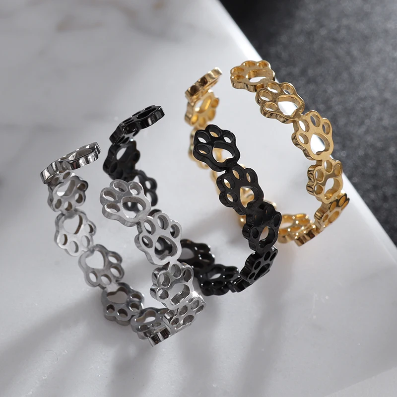 Cute and Sweet Animal Paw Print Design Stainless Steel Adjustable Size Cat and Dog Footprint Ring Suitable for Men Women Wearing