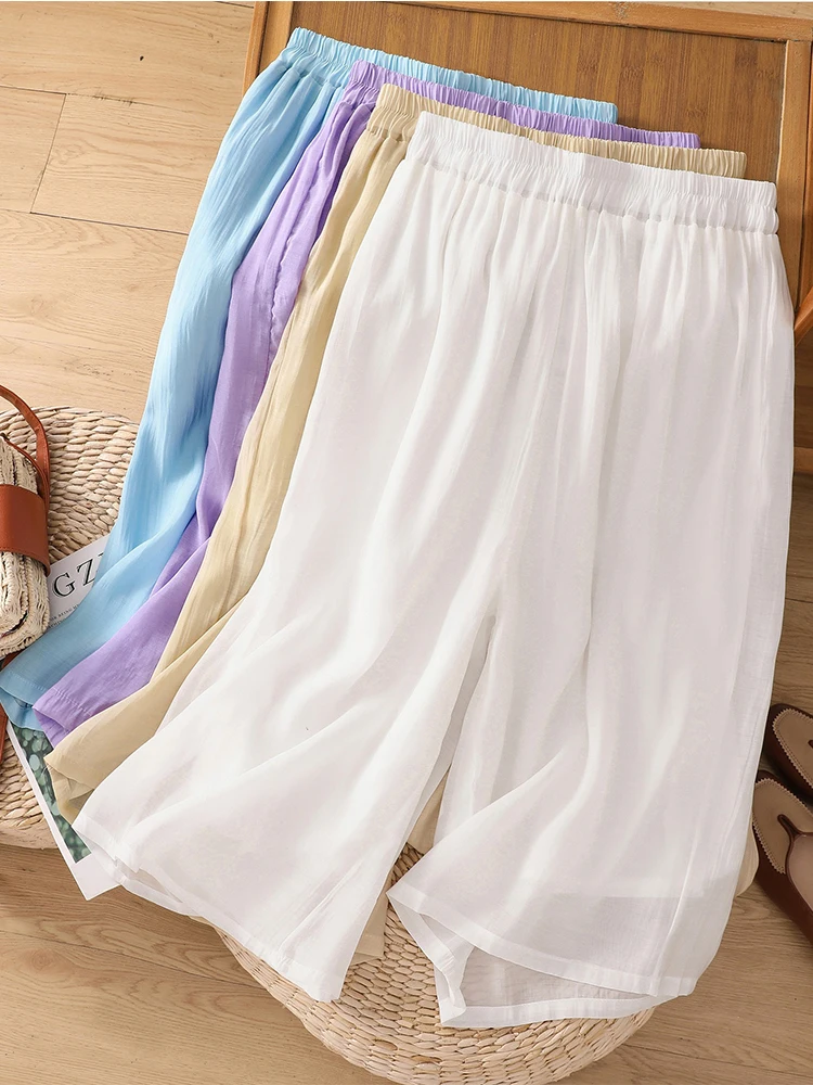 Letnie, cienkie spodnie z szerokimi nogawkami, spódnico-spodnie damskie z jedwabiu, bawełny i lnu, zwiewne, luźne, z elastyczną talią, codzienne spodnie do pracy, wysoki stan.