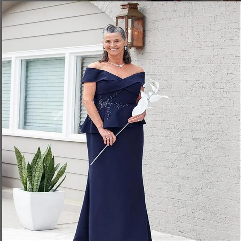 MULONG Off The Shoulder Mother Of The Bride Navy Blue Sleeveless Floor Length  Mermaid Vintage Dress For Mom Groom 2023 New