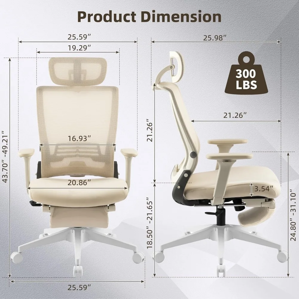 Foldable Office Chair with Foot Rest, Ergonomic Office Chair with Adjustable Lumbar Support, Headrest, Armrest, Home Office Desk