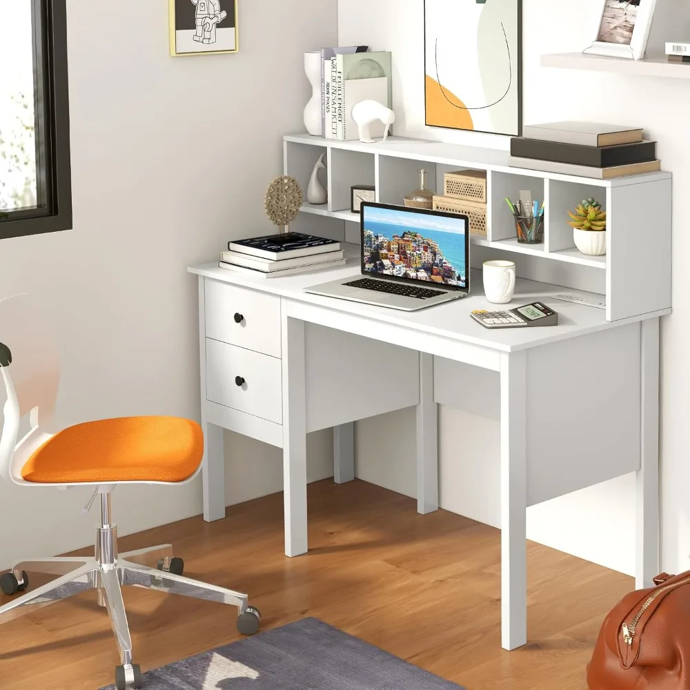 White Desk with Drawers & Hutch, Home Office Desk with Charging Station, 5 Storage Cubbies, Makeup Vanity Table