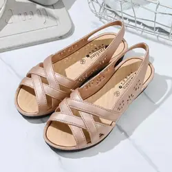 New Women's Summer One Word Hollow Out Wedges Sandal  Soft Sole Non Slip Shallow Slip-On Breathable Mom's Sandals Elderly Sandal