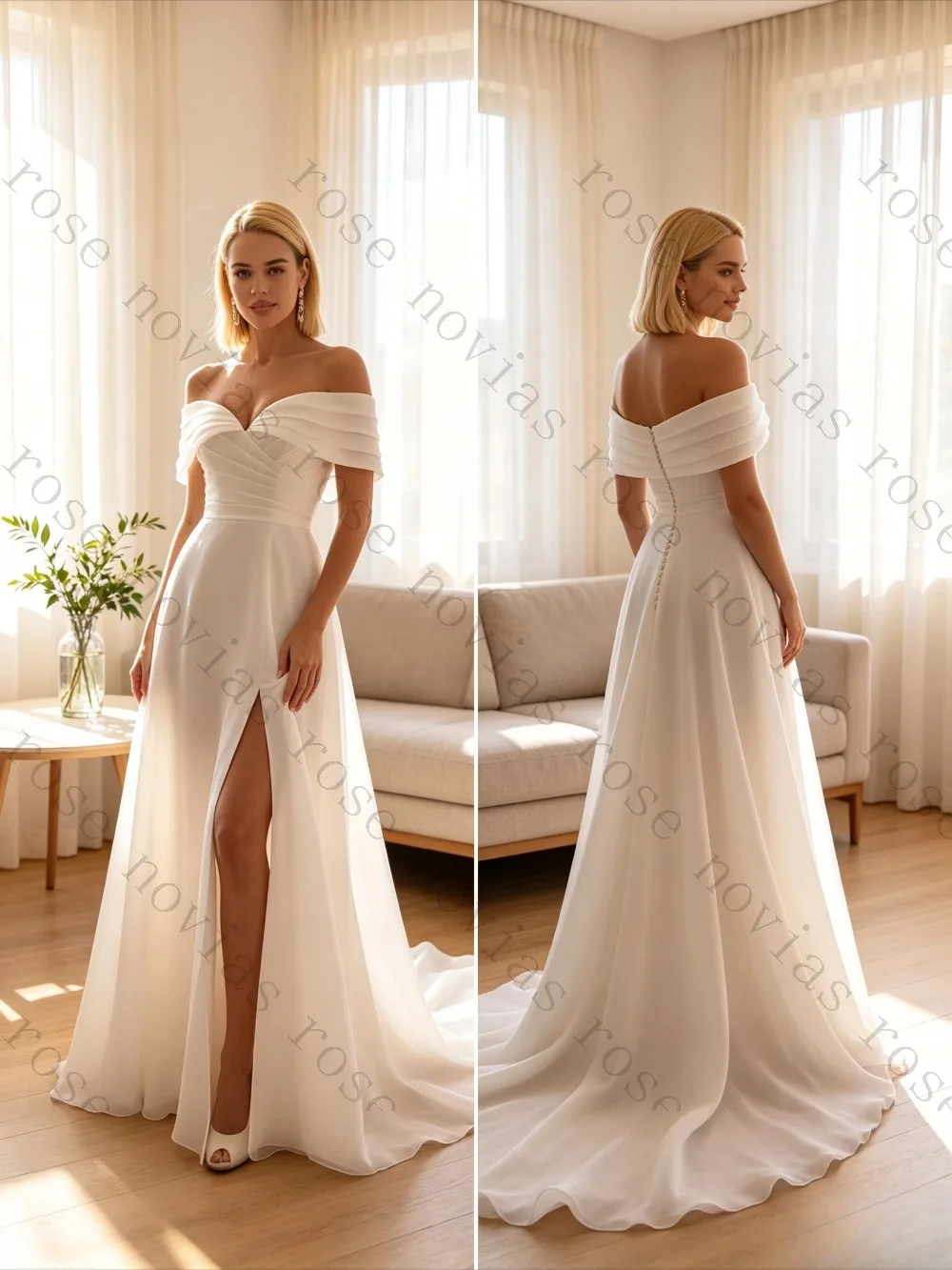 Customized Off Shoulder Satin Wedding Dress with High Slit for Brides Elegant A-Line Bridal Gown Perfect for Beach or Outdoor