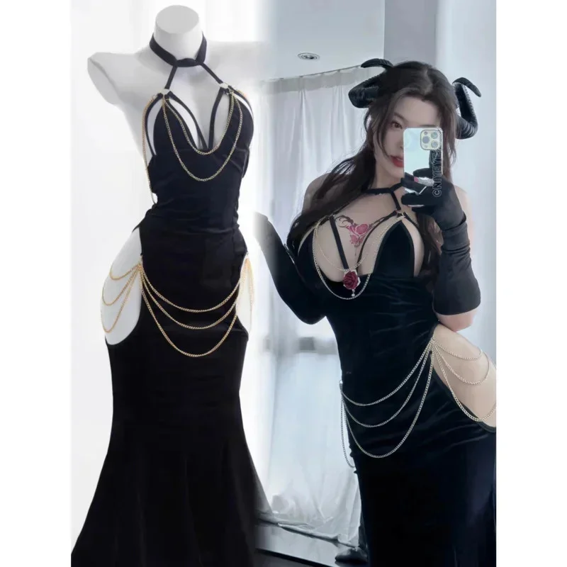 

Overlord Dresses Glove Anime Albedo Cosplay Costumes Wrapped Hip Open Crotch Fish Tail Skirt Black Mermaid Halloween Costumes