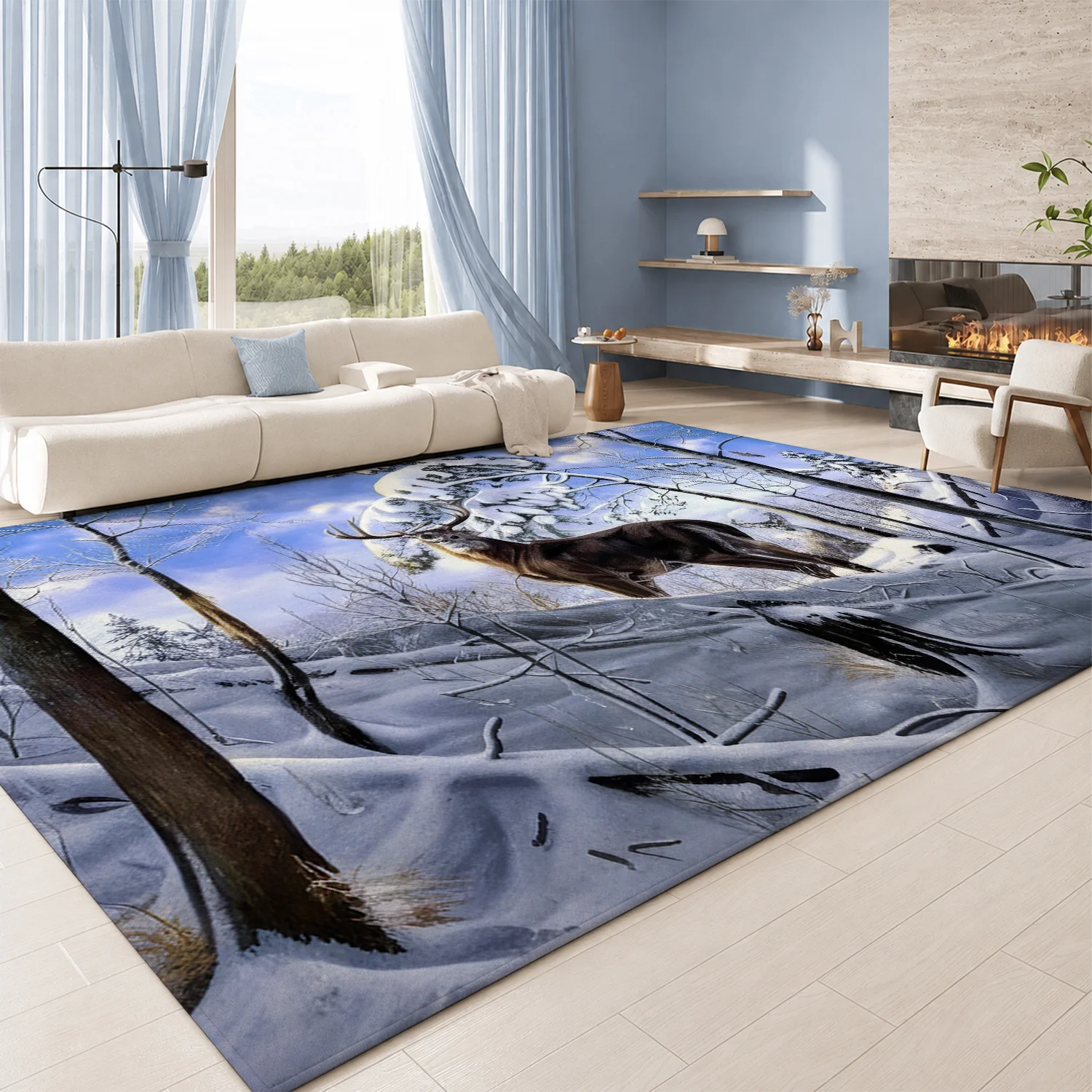 Large Indoor Area Rug, Soft Velvet Low Pile with Non-Slip Dotted Backing, Machine Washable, Winter Snow Forest Deer Wildlife Pattern, Ideal for Living Room Bedroom Home Decor