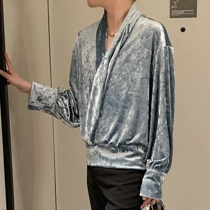 WVGA Spring Autumn New Men's Velvet Trendy Long Sleeve Shirt Unique Design Niche Chic Casual V-Neck High-End Stylish Tops W24463