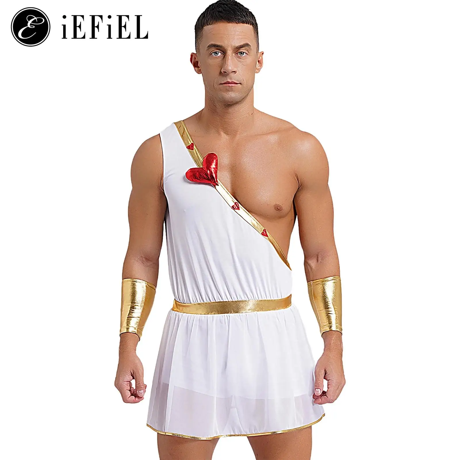 Mens Valentine Cupid Costume One Shoulder One Piece Toga Robe with Cuff Greek Spirit Theme Party Fancy Dress-up Roman God Suits