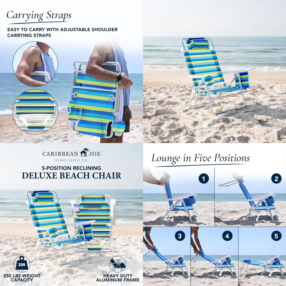 

Portable Reclining Camping Chair with 5 Positions, Lightweight, Headrest, Shoulder Strap, and Cup Holder, Bold Stripe Pattern
