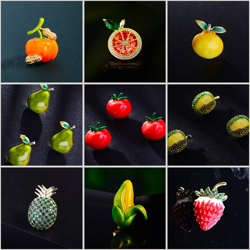 Exquisite Small Corn Tomato Orange Blueberry Durian Grapefruit Brooch Cute Fruit Zircon Enamel Lapel Pins Accessories Girls Gift