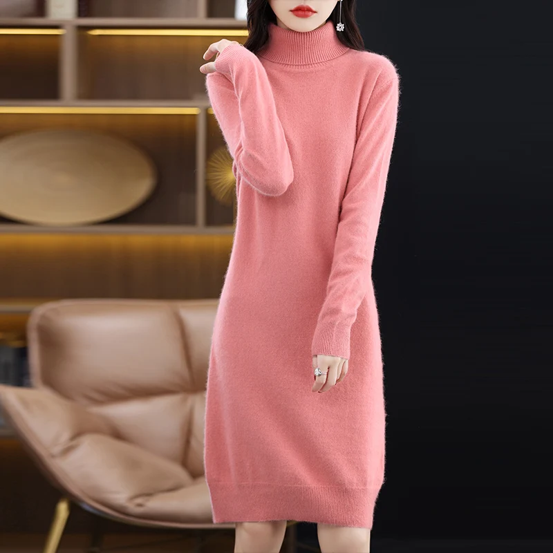 Autumn Winter New Women\'s 100% Mink Cashmere High Back Collar Pullover Slim Fit Fashion Long Sweater Casual Long Sleeve Dress