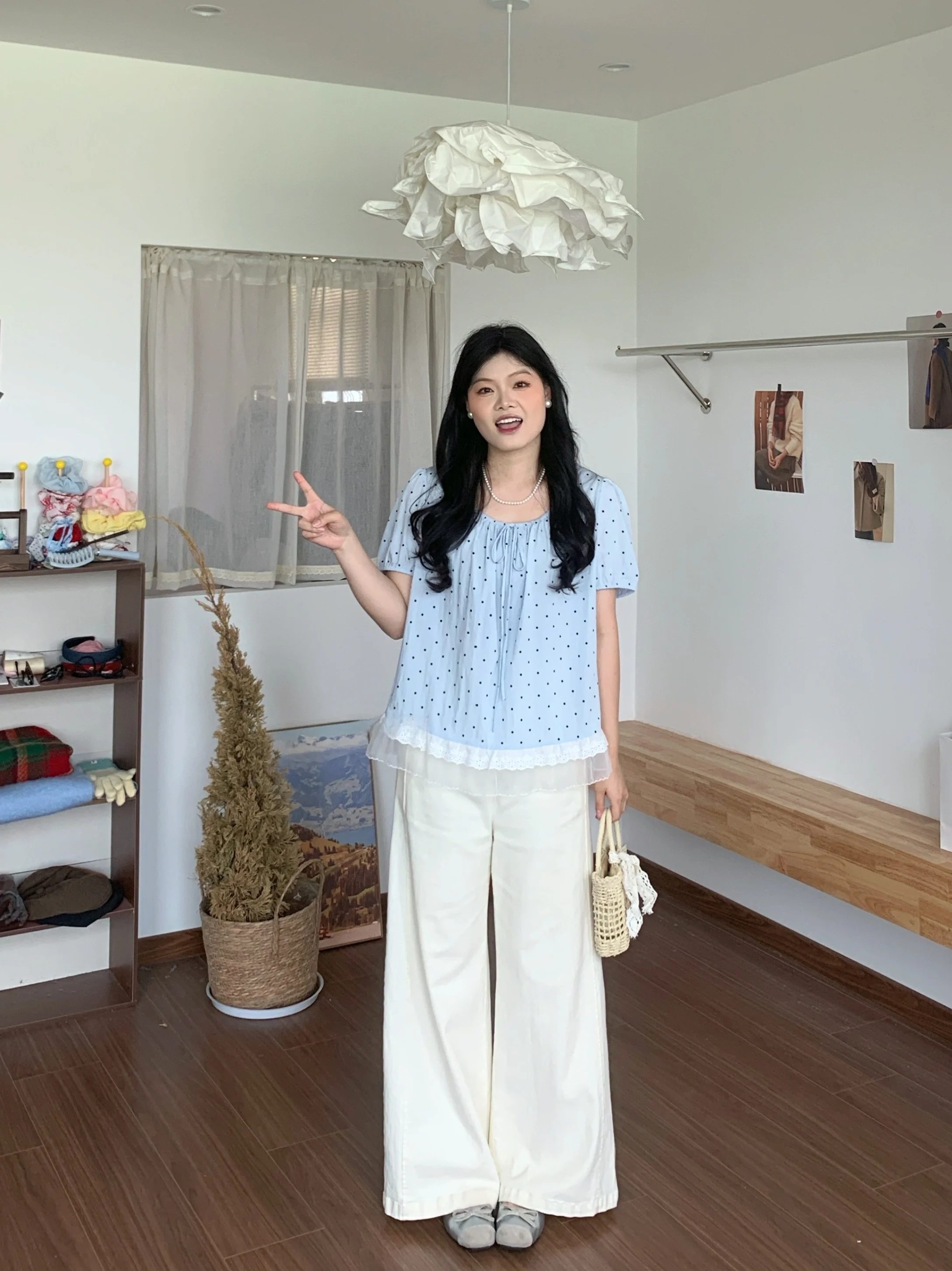

Sweet Polka Dot Shirt Lace Trim Splice Micro Fat Slimming Spring Large Size Women's Clothing Commute Style Loose Fit round Ne...