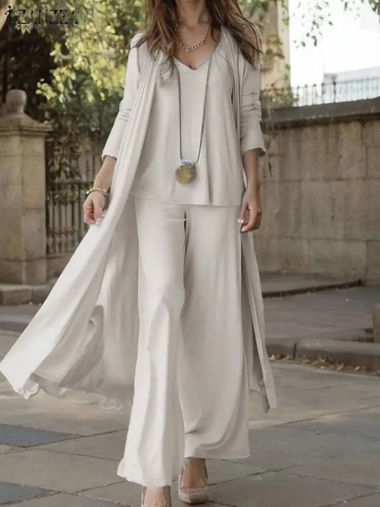 Women Autumn Tracksuits 3pcs Pant Sets ZANZEA Fashion Casual 3-Pieces Sets Solid Tank Tops and Cardigans Wide Leg Trousers Suit