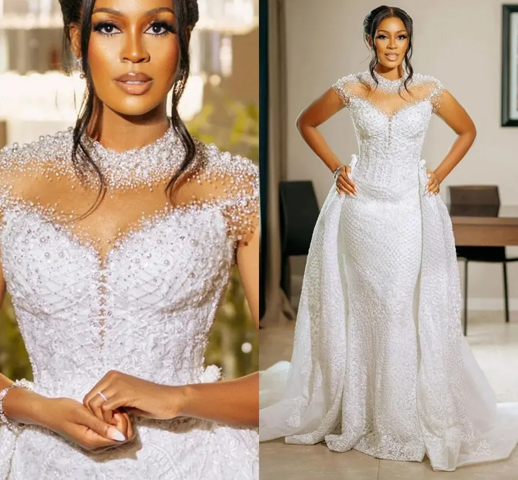 

2025 Aso Ebi Wedding Dress High Neck Illusion Short Sleeves Tulle Lace Bridal Gowns for African Black Women Vestido De Noiva