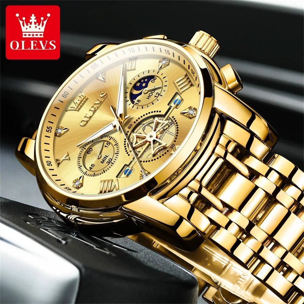 OLEVS 2856 Man 24 Hour Moon Phase Chronograph Side Display
