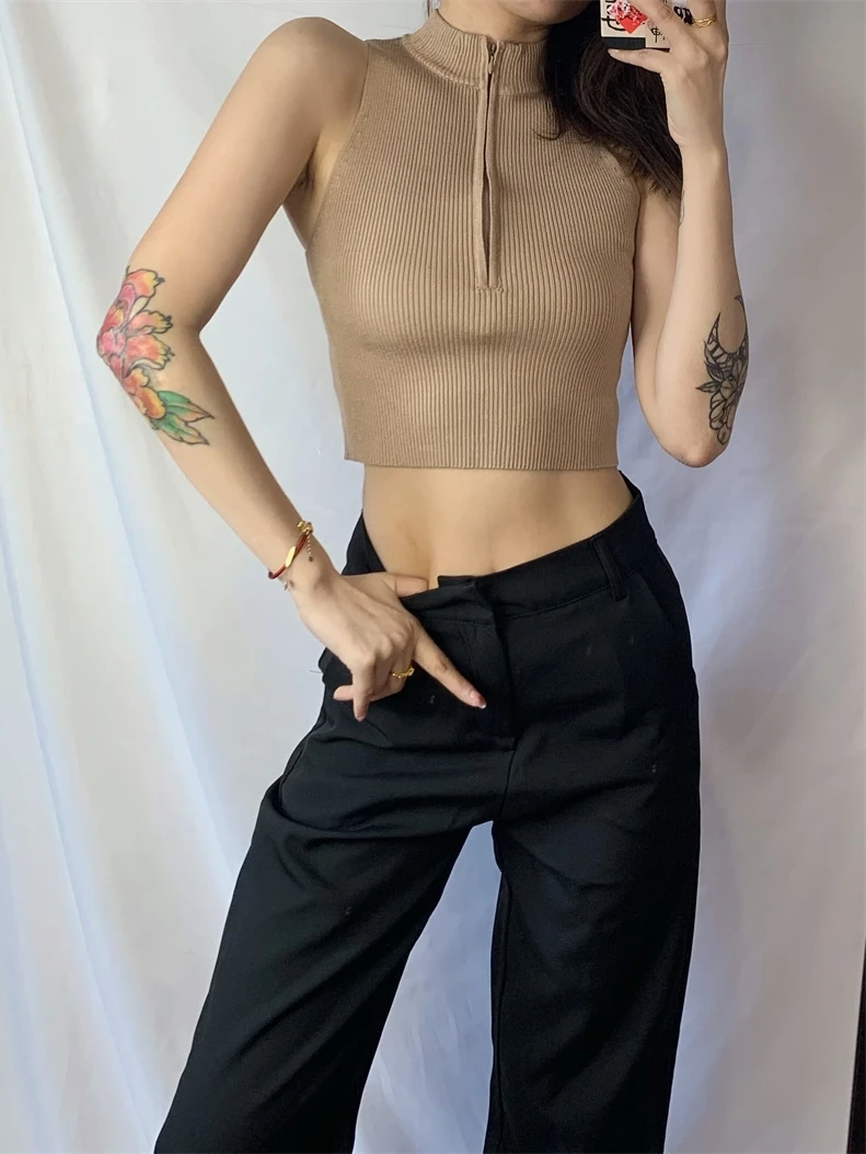 

Retro High Waist Svel Knitted Vest Pure Color Street Sle ort Length Slim Fit Base Layer Top Trendy Women's Vest