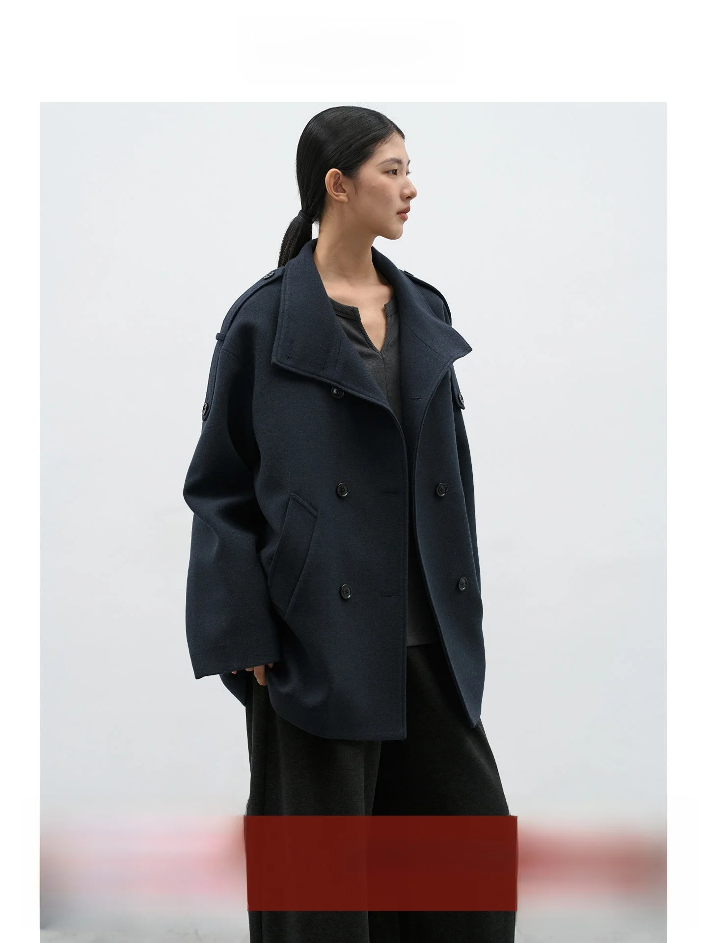 

EIGHTHMONTH Navy Blue Woolen Coat Women's Loose Slimming Mid-Length Double-Breasted Collar Outerwear Commute Sle