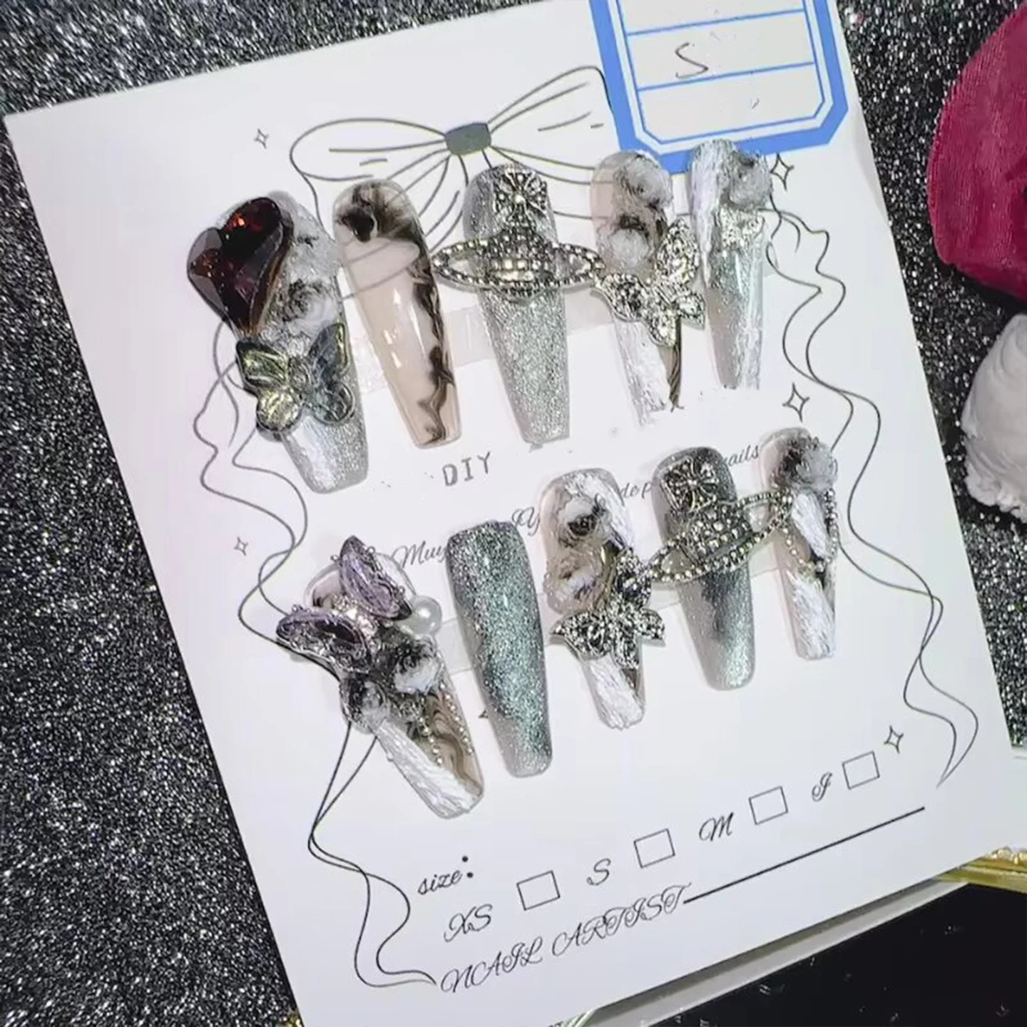 10Pcs High Quality Handmade Press on Nails Dark Retro Gear Friend Mechanical Feeling Spicy Girl Personality Pure Hand Drawn