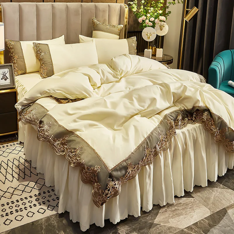 Matted four piece European style solid color embroidered duvet cover, seasonal bed skirt set, bed sheet, non slip bed cover,