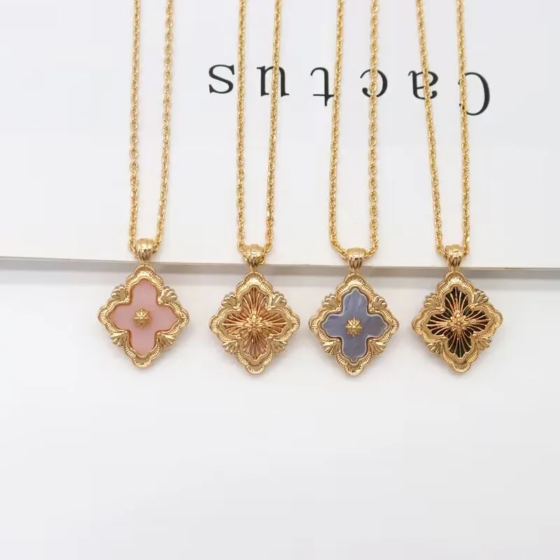 

Famous Brand Style Stainless Steel Pink Red Green Black Clover Necklace Natural Turquoise Malachite Moonstone Four Leaf Pendant