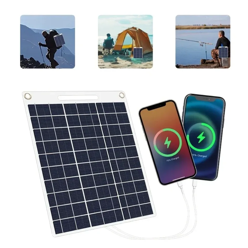 Carregador de painel solar à prova d'água 5V Dual USB portátil de silício policristalino para acampamento ao ar livre, carregamento de telefone com mosquetões