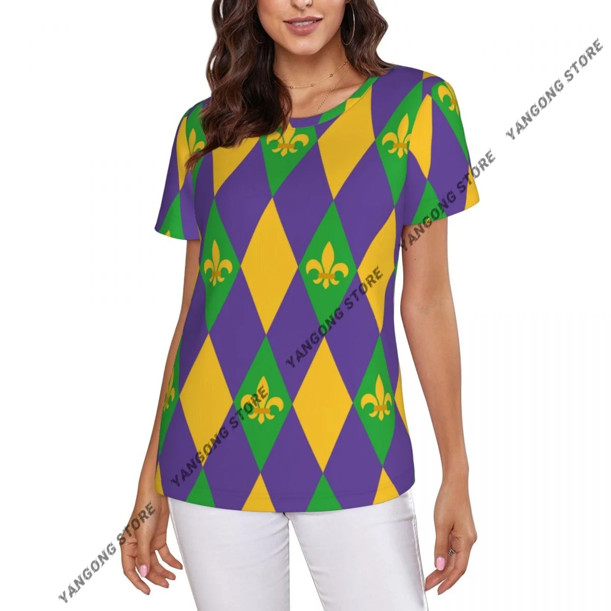 

Женская футболка, женская повседневная футболка Mardi Gras Harlequin Fleur De Lis, женская футболка с короткими рукавами, летние тонкие топы