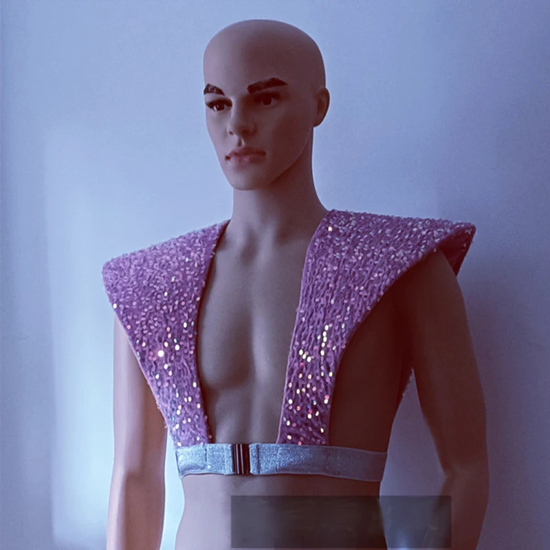 Trajes de bailarina Gogo, chaleco de hombro con purpurina rosa, accesorios de actuación para espectáculo en escenario, ropa para fiesta Rave en club nocturno, disfraz de arrastre 4536