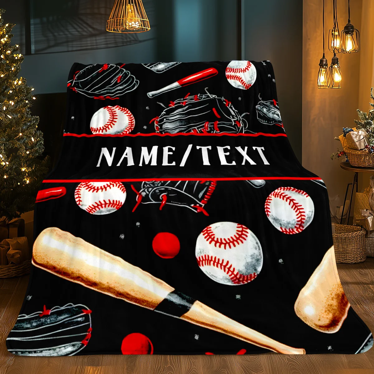 Customizable baseball flannel blanket, lightweight, soft and warm digital printed blanket with name_text, suitable for sofa